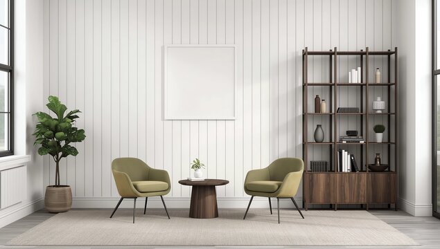 Elegant home kitchen interior with dinner table and chairs on podium, shelf with kitchenware. Stylish eating space with mock up square canvas poster. 3D rendering