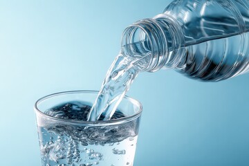 Crystal Clear Water Pouring From Bottle Into Glass Against Light Blue Background