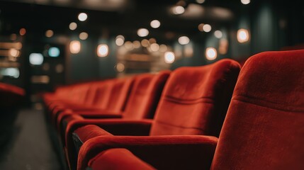 Empty Theater Seats in Red Velvet with Dimly Lit Background