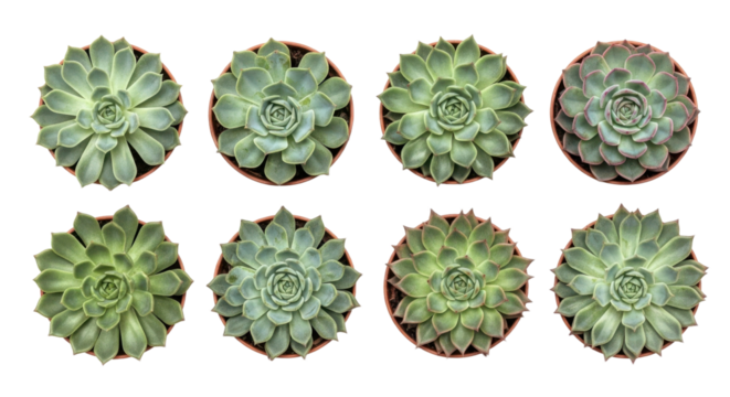 Eight potted succulents arranged two rows, showcasing their rosette patterns and vibrant green hues. plants are isolated transparency background, highlighting their symmetry and natural beauty