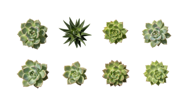 Array of green succulents and aloe vera plants isolated on transparency background, showcasing various shapes and textures. Perfect for botanical and gardening themes - Powered by Adobe