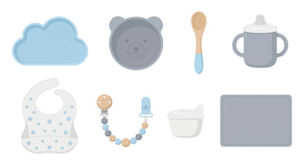 A collection of modern baby care essentials for feeding and teething, including a bib, plate, and sippy cup vector set