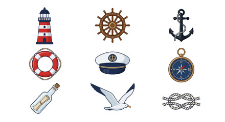 Nautical symbols for marine and travel themes lighthouse, ship wheel, anchor, lifebuoy, captain's hat, seagull, message in a bottle, compass, and knot