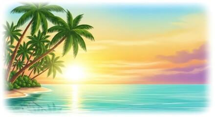 Tropical Paradise Island Retreat: Cartoon Sunset Beach with Palm Trees