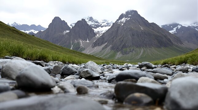 Rocky Stream Flowing with Mountains in Background on Cloudy Day - Powered by Adobe