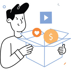 Man Holding Open Box With Heart And Dollar Coin Icons And Play Button In Background With Transparent Background