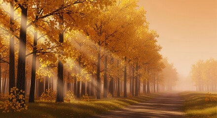 Golden Forest Path: Sunlight Through Autumnal Trees in Atmospheric Landscape