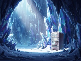 A breathtaking horizontal landscape 90s retro anime illustration, cel-shaded with a charming lo-fi aesthetic and subtle film grain, depicting a vast, serene crystal cavern. At high noon, harsh, sharp-