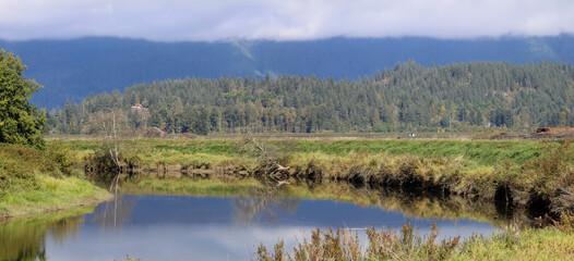 Country panorama with low clouds and calm pond
