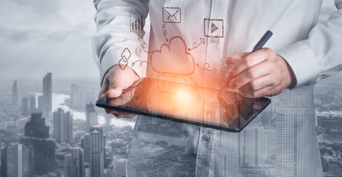 A hand drawn doodle of a cloud computing services ecosystem. A creative sketch of a network for data storage, sharing, and online applications. Motif