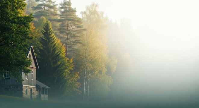 Mystical Cabin Retreat: Lakeside House Surrounded by Foggy Autumn Woods