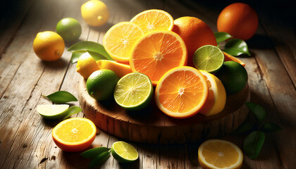 Collection of orange and lime slices arranged in warm natural lighting, highlighting their bright colors, juicy details, and refreshing appearance.