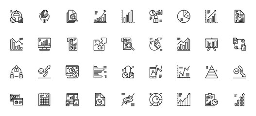 Business Charts and Diagrams icon set. Minimal linea vector icons pack. Includs symbols for analytics, satistics, growth, pie char, bar chart, pyramid, presntation and more. Editablestroke.