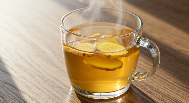 A clear glass mug filled with warm ginger tea, thin slices of ginger floating inside, steam gently rising.