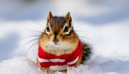 Adorable chipmunk in a red striped winter sweater and beanie standing on fresh snow, captured with soft bokeh and warm light for a festive, charming winter scene.