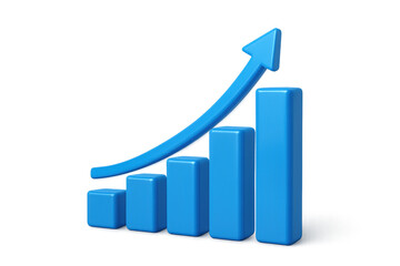 Blue bar graph showing increasing diagram with rising arrow, representing business growth, financial success, and market progress