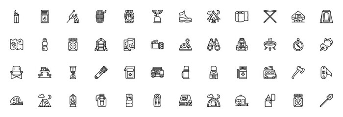 Camping icon set. Vector outdoor icons collection. Icludes symbols for tent, bckpack, torch, compass, fist aid kit, camper van, sleping bag and more.