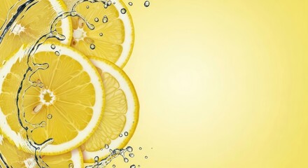 Invigorating Splash: Fresh Lemon Slices with Dynamic Water on Yellow Background