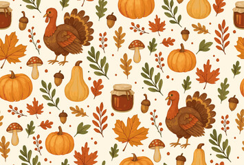 Thanksgiving seamless pattern with turkey, autumn leaves, pumpinks, squash, mushrooms, and apple jam. Fall themed pattern background illustration