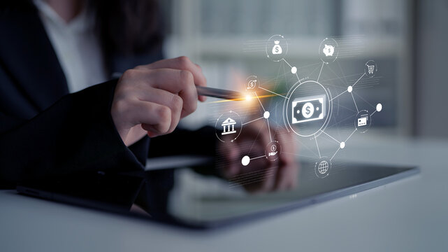 A fintech concept showing a network of digital banking services. This includes secure online payments, global transactions, and e-commerce for the modern financial system. Fermion