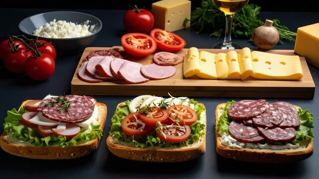 Gastronomic Canvas: A captivating display of gourmet sandwiches, accompanied by a rich assortment of ingredients, all masterfully arranged on a dark table.