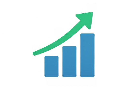 Bar chart visualizing business growth and positive progress with a rising green arrow on a transparent background