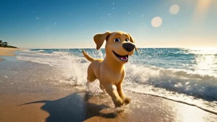Joyful animated dog running on a sunny beach shoreline with sparkling ocean waves - Powered by Adobe