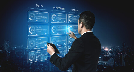 Task management tool dashboard showing kanban-style workflow with columns for to do, in progress, in review, and done, including task cards, progress, and team icons Vouch