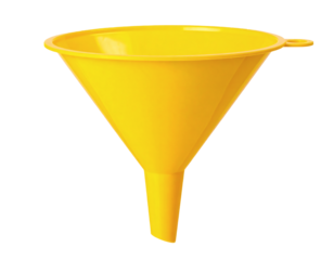 Bright yellow funnel for household, garage, or crafting uses, easily pouring liquids or powders with precision