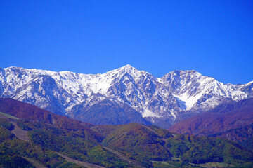 秋の白馬村から眺めた三段紅葉