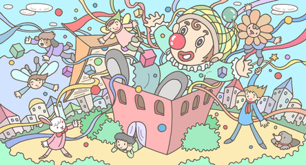 メルヘンイラスト - ピエロ・ビックリ箱・街並み・人々