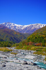 秋の白馬村から眺めた三段紅葉