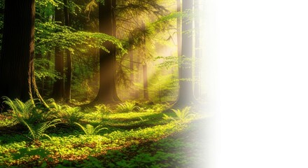 Sunlit serenity: A tranquil forest scene bathed in golden light and mist