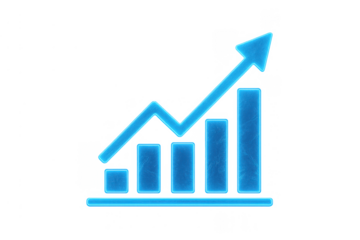 Business growth chart icon with rising bar graph and arrow, illustrating financial success and market trends on transparent background