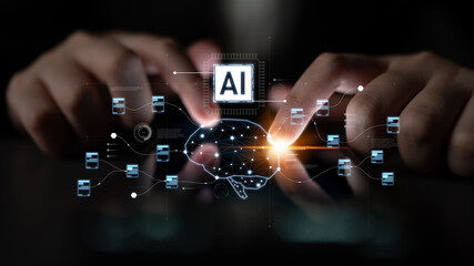AI neural network and data processing system visualizing artificial intelligence with brain structure, chip, and connected data blocks for computation and learning Latch