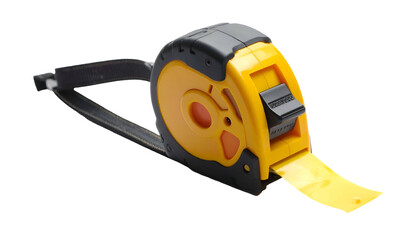 Fototapeta premium Yellow and black measuring tape tool on dark background