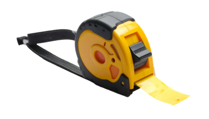 Yellow and black measuring tape tool on dark background