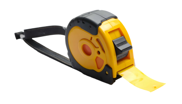 Yellow and black measuring tape tool on dark background