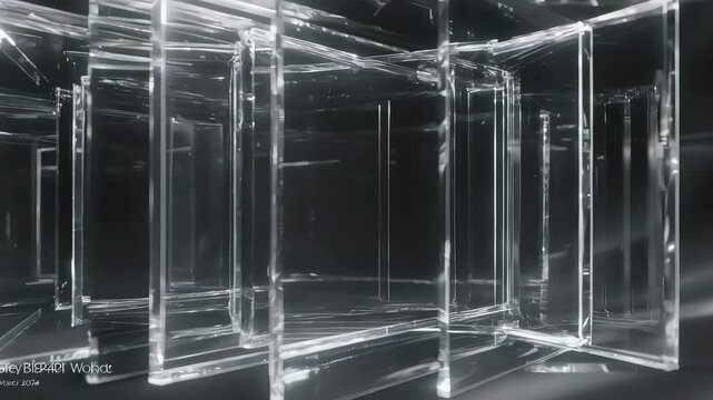 Transparent, glassy structures layered against a dark backdrop