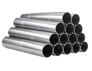Stack of shiny metal pipes for industrial construction or plumbing designs and clean manufacturing processes concept