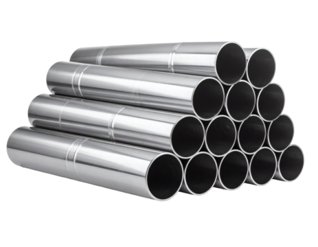 Stack of shiny metal pipes for industrial construction or plumbing designs and clean manufacturing processes concept