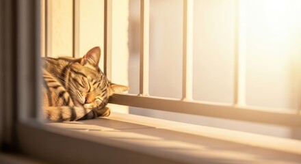 Sun-Kissed Slumber: A Feline's Blissful Nap in Golden Light by the Window