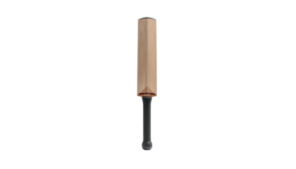 Wood cricket bat, handle down, stands on a solid black backdrop