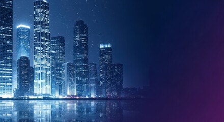 Cityscape Reflections: Illuminated Urban Skyline at Night over Tranquil Water