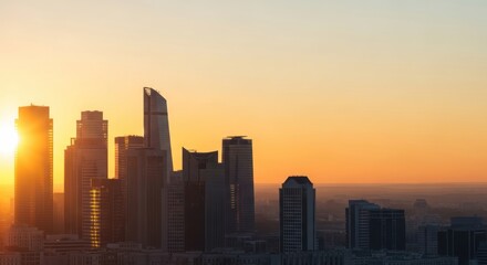 Cityscape at Sunset: Golden Hour Over Modern High-Rise Buildings