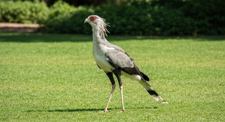 Fototapeta premium A secretary bird strides confidently on a lush green lawn, full view