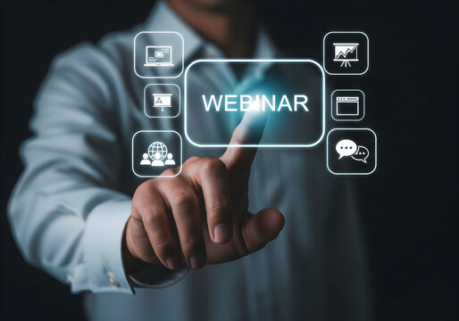 Online webinar concept, e-learning, web conference, learn on internet, Online workshops where participants can interact in real time. Person using laptop with webinar icon on virtual scree.