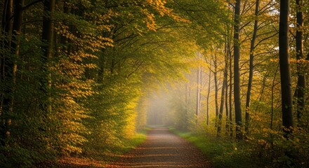 Sunlight Serenade: A Path Through Autumnal Woodland Scenery Landscape