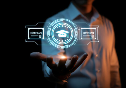 Man holding digital certificate icon with graduation cap, symbolizing online learning achievement. Concept of e-learning, remote education, and professional certification system.