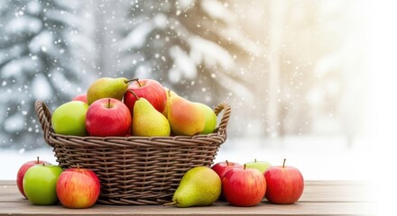 Winter Harvest: Fresh Fruits in a Wicker Basket Amidst a Snowy Backdrop
